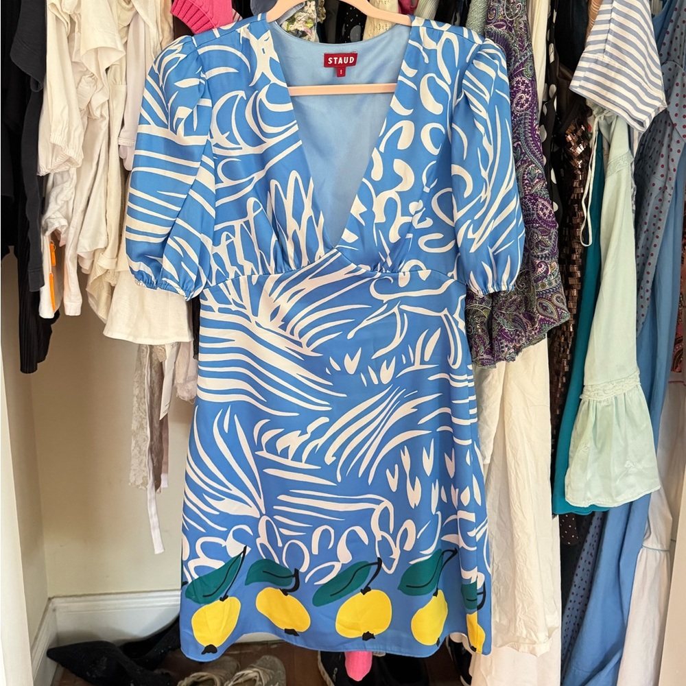 STAUD Blue and White Abstract Midi Dress